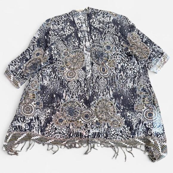 Soft Surroundings Blue & White Knit Boho Pattern Beaded Kimono Wrap W Fringe OS - Picture 6 of 8